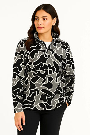 KADIN Yarım Fermuarlı Desenli Polar Sweat Yakalı, Uzun Kollu, Oversize Rahat Kalıp - Siyah