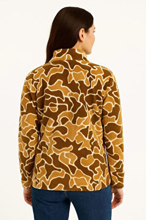 KADIN Yarım Fermuarlı Desenli Polar Sweat Yakalı, Uzun Kollu, Oversize Rahat Kalıp - Kahverengi