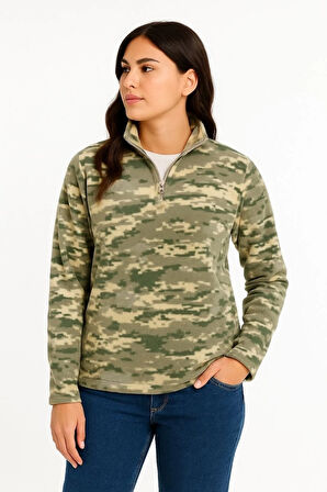 Kadın Yarım Fermuarlı Desenli Polar Sweat – Haki Kamuflaj Yakalı, Uzun Kollu, Oversize Rahat Kalıp - Haki