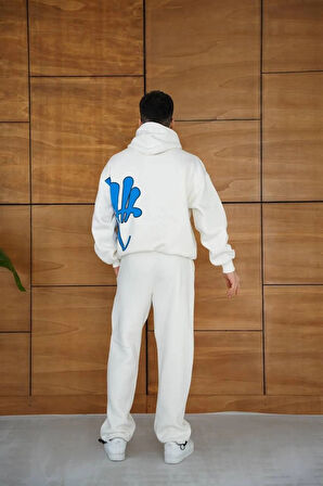 Erkek Kapüşonlu Eşofman Takım Graffiti Baskılı  Oversize Rahat Kalıp, Kanguru Cepli, Streetwear Tarzında Premium Ürün 3 iplik Pamuklu - Beyaz