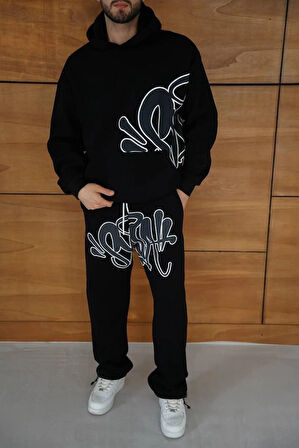 Erkek Kapüşonlu Eşofman Takım Graffiti Baskılı Oversize Rahat Kalıp, Kanguru Cepli, Streetwear Tarzında Premium Ürün 3 iplik Pamuklu - Siyah