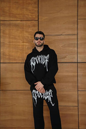 Erkek Premium Taş Baskılı Eşofman Takım Revenge Model (Siyah) Kapüşonlu Üst + Taşlı Baskılı Alt Modern Streetwear Tarzı Oversize Rahat Kalıp 3 iplik Pamuklu - Siyah