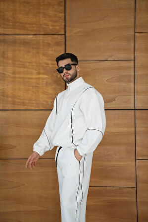 Erkek Premium Parçalı Eşofman Takım - Dik Yaka Fermuarlı Biyeli Sweatshirt Lastik Paça Alt, Oversize 3 iplik Şardonlu - Beyaz