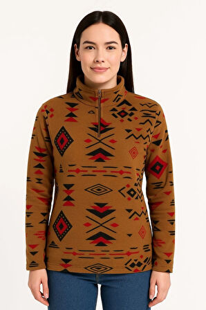 Kadın Yarım Fermuarlı Desenli Polar Sweat Tribal Etnik Desen Yakalı, Uzun Kollu, Oversize Rahat Kalıp - Kahverengi