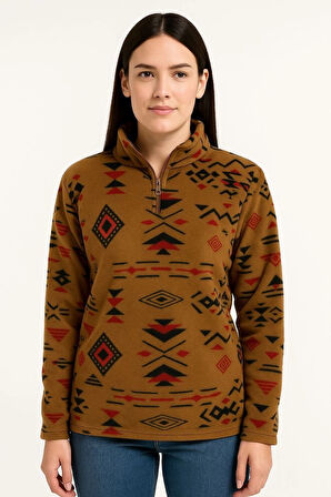 Kadın Yarım Fermuarlı Desenli Polar Sweat Tribal Etnik Desen Yakalı, Uzun Kollu, Oversize Rahat Kalıp - Kahverengi