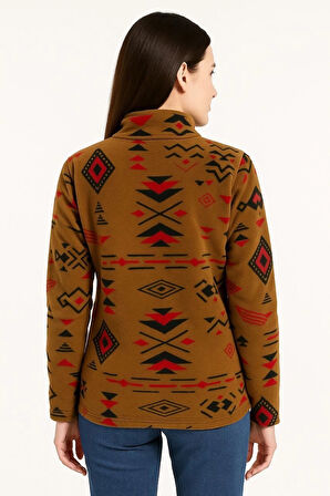 Kadın Yarım Fermuarlı Desenli Polar Sweat Tribal Etnik Desen Yakalı, Uzun Kollu, Oversize Rahat Kalıp - Kahverengi