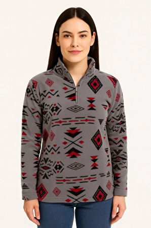 Kadın Yarım Fermuarlı Desenli Polar Sweat Tribal Etnik Desen Yakalı, Uzun Kollu, Oversize Rahat Kalıp - Füme