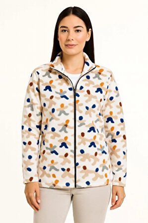 Kadın Tam Fermuarlı Desenli Polar Sweat – Siyah Multicolor Figür Desen Yakalı, Uzun Kollu, Oversize Rahat Kalıp - Beyaz