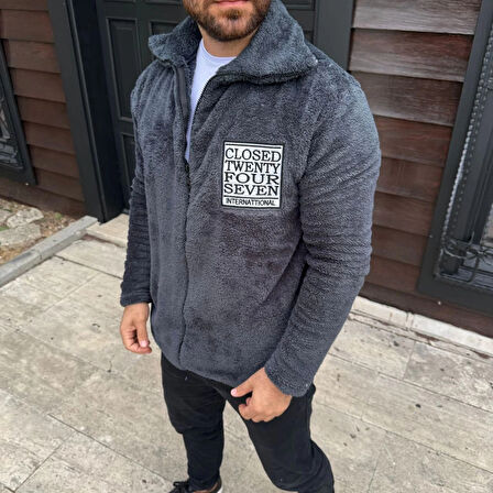 Erkek Desenli Polar Gömlek – Etnik Şerit Desen Yakalı, Uzun Kollu, Düğmeli, Oversize Rahat Kalıp - Füme