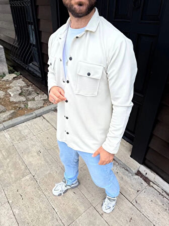 Erkek Diagonal Kumaş Cepli Çıtçıtlı uzun Kollu, Gömlek Oversize Rahat Kalıp Günlük Şık Stil - Beyaz