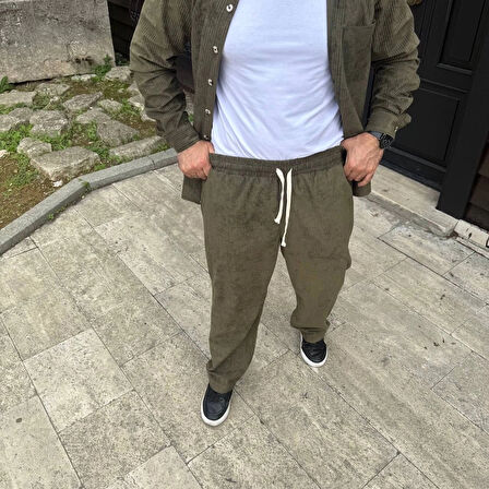 Erkek Fitilli Kadife Cepli Buggy Pantolon Oversize Rahat Kalıp - Haki