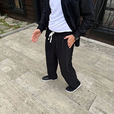 Erkek Fitilli Kadife Cepli Buggy Pantolon Oversize Rahat Kalıp - Siyah