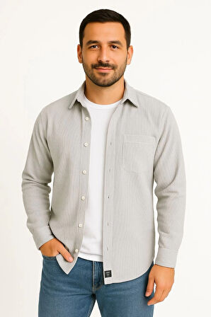 Erkek Fitilli Kadife Cepli Gömlek Oversize Rahat Kalıp - Gri