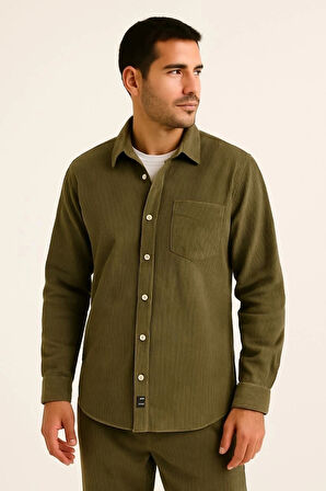 Erkek Fitilli Kadife Cepli Gömlek Oversize Rahat Kalıp - Haki