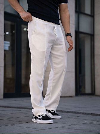 Erkek Keten Cepli Çıma Dikişli jogger Buggy Pantalon Rahat kalıp - Beyaz