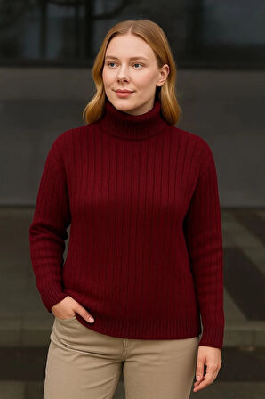 Kadın Balıkcı Yaka Bağazlı Triko Kazak Pamuklu Kalın Fitilli Dokuma - Bordo