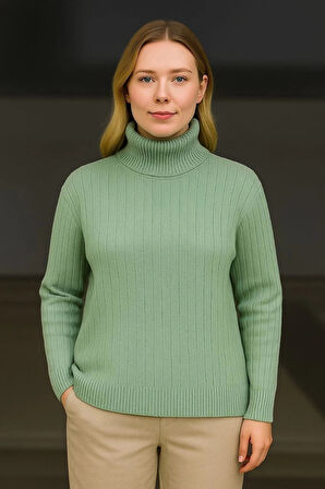 Kadın Balıkcı Yaka Bağazlı Triko Kazak Pamuklu Kalın Fitilli Dokuma - Mint Yeşili