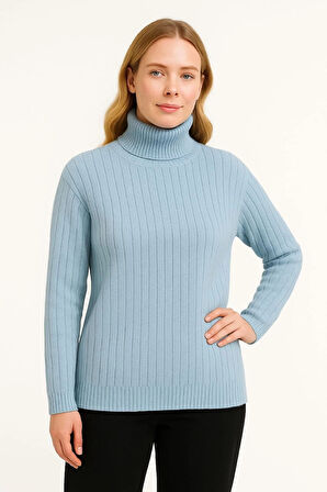 Kadın Balıkcı Yaka Bağazlı Triko Kazak Pamuklu Kalın Fitilli Dokuma - Bebek Mavisi