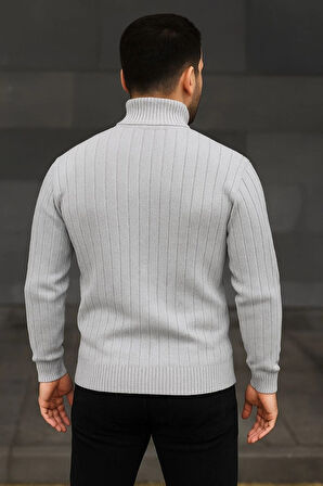 Erkek Balıkcı Yaka Bağazlı Triko Kazak Pamuklu Kalın Fitilli Dokuma, Regular Fit Uzun Kollu Kışlık Model - Gri