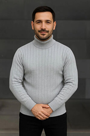 Erkek Balıkcı Yaka Bağazlı Triko Kazak Pamuklu Kalın Fitilli Dokuma, Regular Fit Uzun Kollu Kışlık Model - Gri