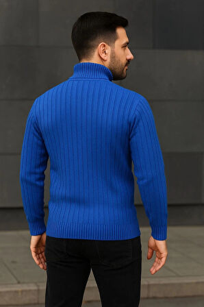 Erkek Balıkcı Yaka Bağazlı Triko Kazak Pamuklu Kalın Fitilli Dokuma, Regular Fit Uzun Kollu Kışlık Model - Saks Mavisi