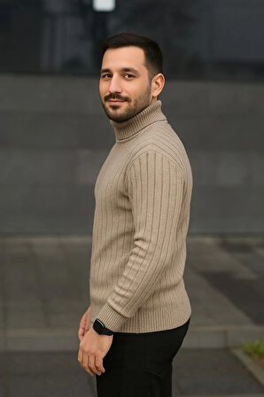 Erkek Balıkcı Yaka Bağazlı Triko Kazak Pamuklu Kalın Fitilli Dokuma, Regular Fit Uzun Kollu Kışlık Model - Bej