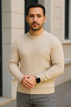 Erkek Bisiklet Yuvarlak Yaka Triko Kazak Pamuklu Kalın Fitilli Dokuma, Regular Fit Uzun Kollu Kışlık Model - Bej