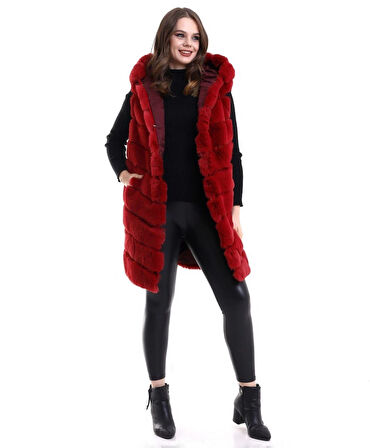 Kadın Kapşonlu Peluş Kürk Yelek Premium Kalite, Tam Astarlı, Uzun Model - Kırmızı
