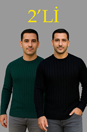 Erkek Fitilli Triko Kazak 2’li Set – Siyah & Haki, Kalın Dokuma Pamuklu Regular Fit Bisiklet Yaka Uzun Kollu Rahat Kışlık Kazak Kombini