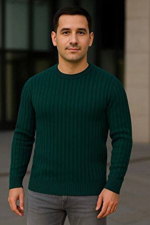 Erkek Fitilli Triko Kazak 2’li Set – Siyah & Haki, Kalın Dokuma Pamuklu Regular Fit Bisiklet Yaka Uzun Kollu Rahat Kışlık Kazak Kombini