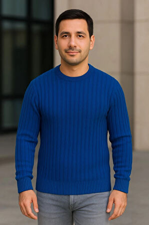 Erkek Fitilli Triko Kazak 2’li Set – Siyah & Saks Mavisi, Kalın Dokuma Pamuklu Regular Fit Bisiklet Yaka Uzun Kollu Rahat Kışlık Kazak Kombini