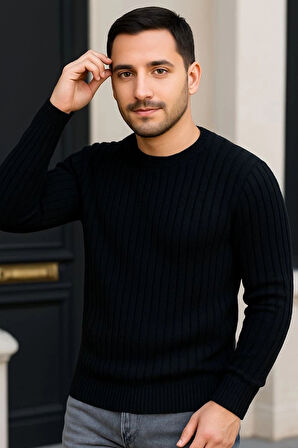 Erkek Fitilli Triko Kazak 2’li Set – Siyah & Bordo, Kalın Dokuma Pamuklu Regular Fit Bisiklet Yaka Uzun Kollu Rahat Kışlık Kazak Kombini