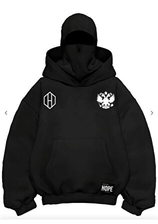Samuray Ninja Çift Kapşonlu ZIP Fermuarlı Kanguru Çepli Tam Fermuarlı Hoodie ön ve Arka Baskılı Maske Detaylı Swetshirt - Siyah