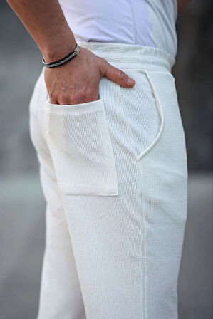 Erkek Paça Yırtmaçlı Burgu selanik dokulu Jogger Buggy Pantalon Rahat kalıp - Beyaz