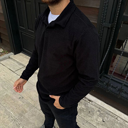 Erkek Fitilli Polar Sweatshirt – Düğmesiz Polo Yaka, Oversize Rahat Kalıp, Kalın Polar Kumaş, Kışlık ve Baharlık Şık Günlük Üst - Siyah