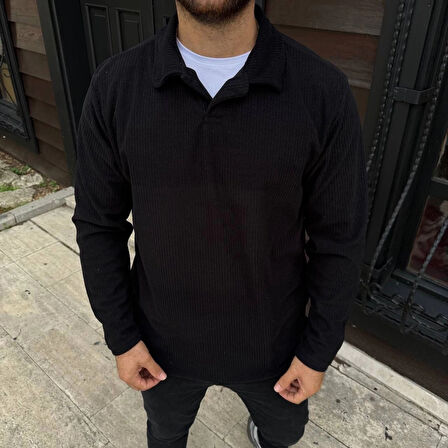 Erkek Fitilli Polar Sweatshirt – Düğmesiz Polo Yaka, Oversize Rahat Kalıp, Kalın Polar Kumaş, Kışlık ve Baharlık Şık Günlük Üst - Siyah