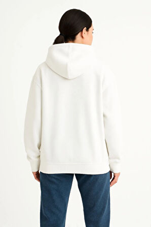 Kadın Samuray Ninja Çift Kapşonlu ZIP Fermuarlı Kanguru Çepli Hoodie Maske detaylı Swetshirt - Beyaz