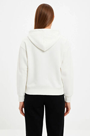 Kadın Oversize Kapüşonlu Sweatshirt Hoodie 3 İplik Şardonlu Pamuklu Kumaş, Önü Baskılı, Fermuarlı Rahat Kalıp, Kışlık ve Sokak Stili Sweat - Beyaz