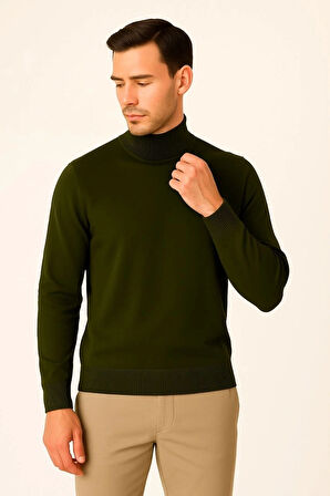 Erkek Yarım Boğaz Triko Kazak yumuşak dokulu Pamuklu ince Dokuma, uzun kollu Rahat Regular kalıp - Haki