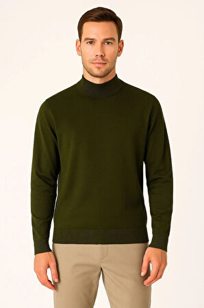 Erkek Yarım Boğaz Triko Kazak yumuşak dokulu Pamuklu ince Dokuma, uzun kollu Rahat Regular kalıp - Haki