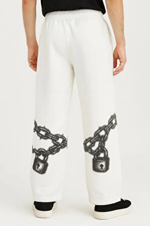 Erkek Üç İplik Pamuklu Baskılı Cepli Jogger Buggy Pantalon Oversize Kalıp - Beyaz