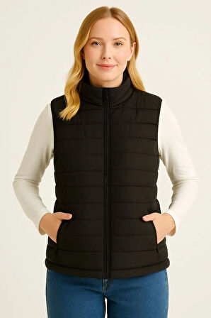 Kadın Şişme Fermuarlı Yelek Su itici Kapitone Astarlı Kumaş Cepli Hafif Kışlık Spor Rahat Kalıp - Siyah