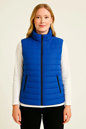 Kadın Şişme Fermuarlı Yelek Su itici Kapitone Astarlı Kumaş Cepli Hafif Kışlık Spor Rahat Kalıp - Saks Mavisi