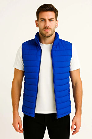 Erkek Şişme Fermuarlı Yelek Su itici Kapitone Astarlı Kumaş Cepli Hafif Kışlık Spor Rahat Kalıp - Saks Mavisi