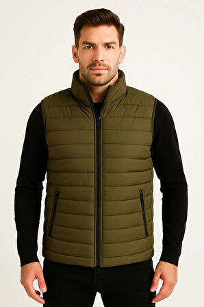 Erkek Şişme Fermuarlı Yelek Su itici Kapitone Astarlı Kumaş Cepli Hafif Kışlık Spor Rahat Kalıp - Haki