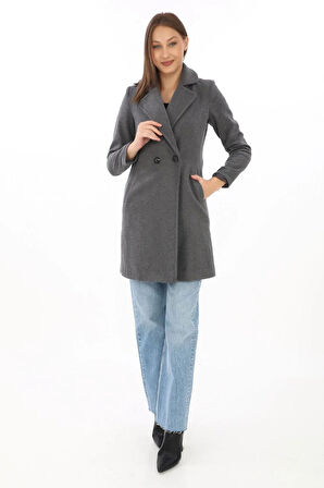 Kadın Kaşe Kaban – Siyah Yünlü Dokuma, Kruvaze Yaka, Astarlı, Cepli, Kuşaklı Uzun Boy Tesettür Uyumlu Kışlık Şık Kaban - Füme