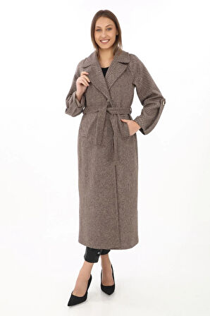 Kadın Uzun Kaşe Kaban – Yünlü Dokuma Kaşmir Kumaş, Kruvaze Yaka, Kuşaklı Astarlı Tesettür Uyumlu Şık Kışlık Siyah Model- Vizon