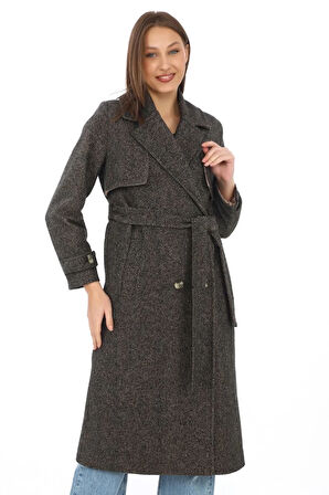 Kadın Balık Sırtı Yünlü Dokuma Kaşe Kaban – Kruvaze Yaka, Kuşaklı, Cepli, Astarlı Uzun Boy Tesettür Şık Kışlık Kaşe Kaban Modeli - Kahverengi