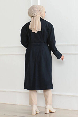 Kadın Kaşe Kaban – Uzun Boy Kruvaze Yaka Kuşaklı Tesettür Kaşe Kışlık Kaban, Astarlı Şık Yünlü Dokuma Oversize Rahat Kalıp Cepli Düğmeli Modern Kap Modeli - Lacivert