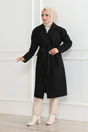 Kadın Kaşe Kaban – Uzun Boy Kruvaze Yaka, Kuşaklı Tesettür Kışlık Kaban, Astarlı Şık Yünlü Dokuma Oversize Rahat Kalıp, Cepli Modern Kaşe Mont Modeli - Siyah